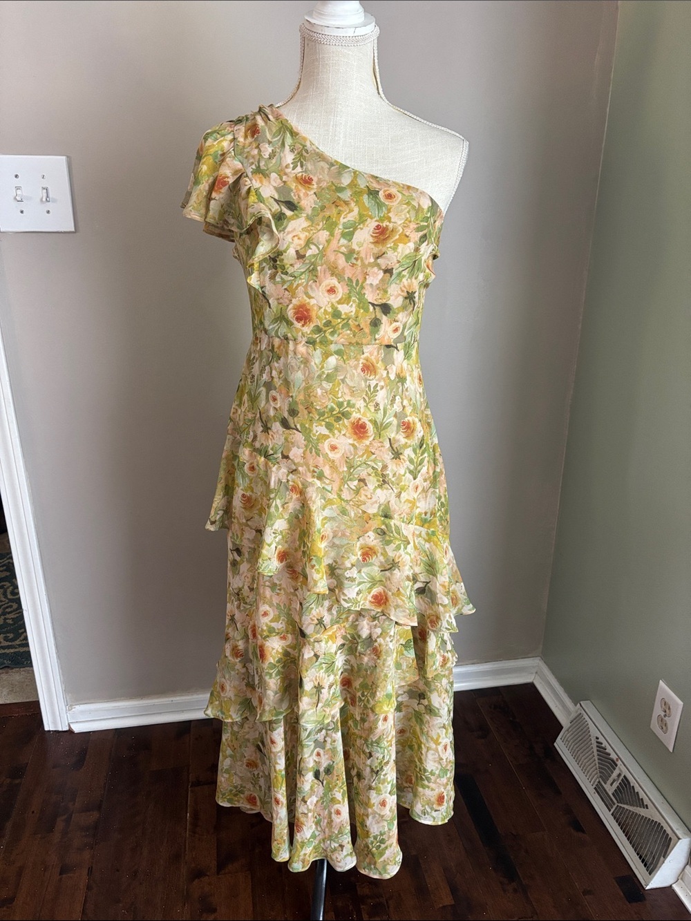 Astr One-Shoulder Floral Ruffle Maxi Dress in Green and Peach